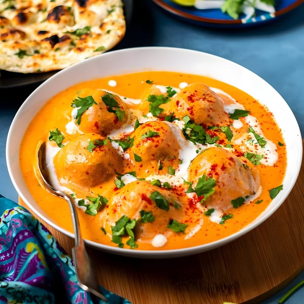 A white bowl of Indian malai kofta in orange gravy, garnished with cream, cilantro, and paprika.