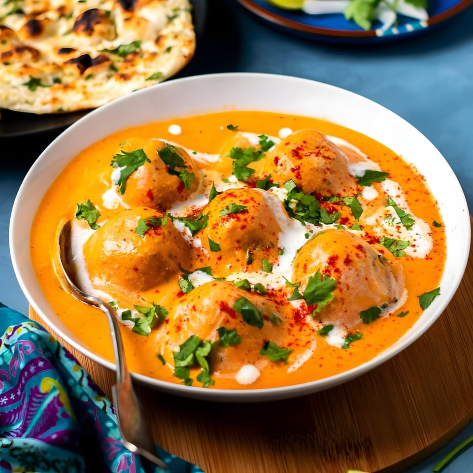A white bowl of Indian malai kofta in orange gravy, garnished with cream, cilantro, and paprika.