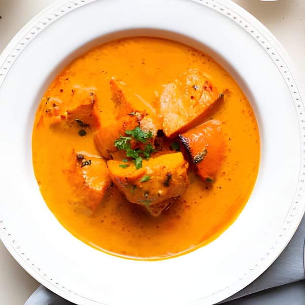 Indian butter chicken or paneer in a rich orange sauce, garnished with fresh herbs in a white bowl.