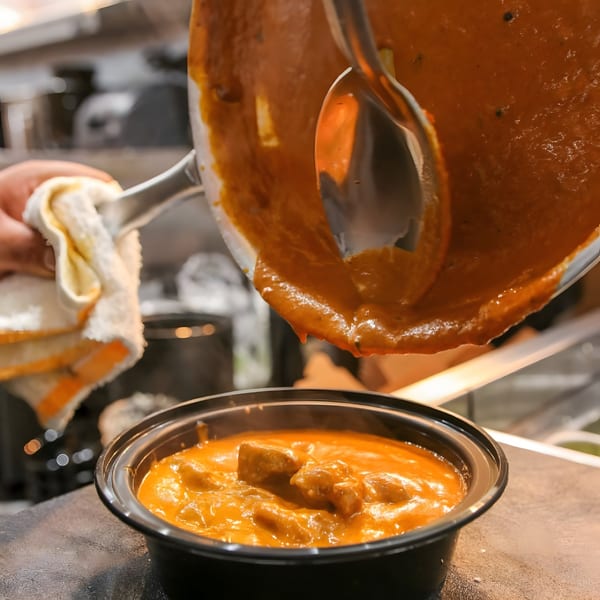 A chef's hand, holding a pan with a towel, pours Indian butter chicken into a black bowl.